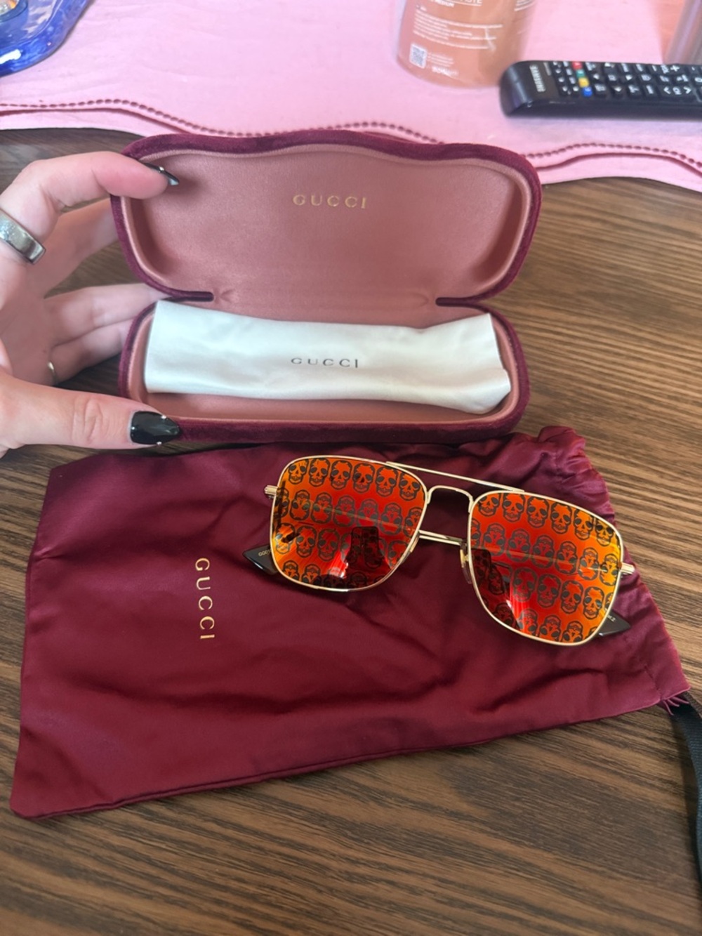 Gucci Gold Frame Aviator Sunglasses with Red Skull-Print Lenses